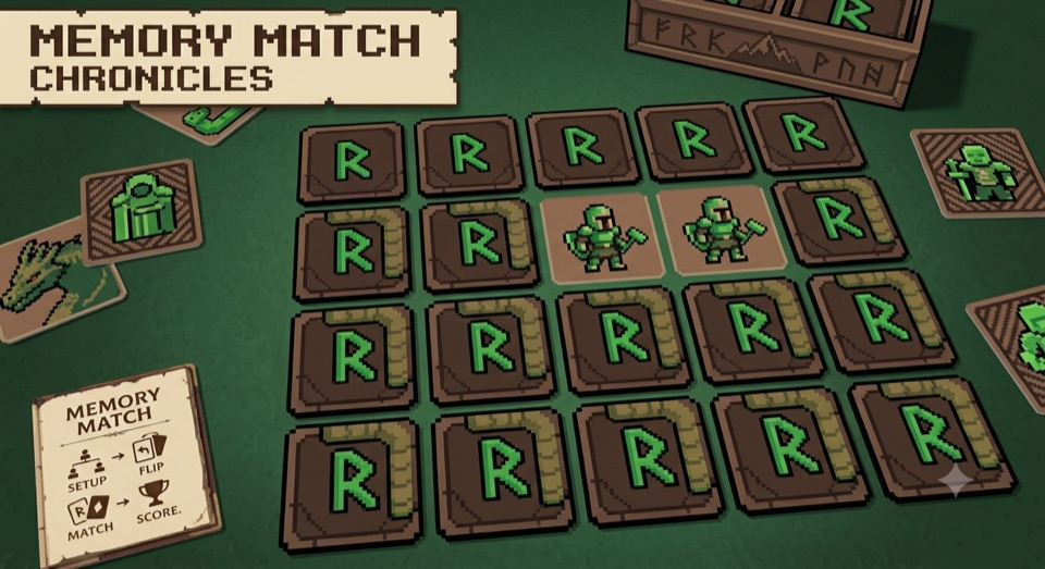 Memory Match Chronicles: wooden rune cards laid out on a green table.